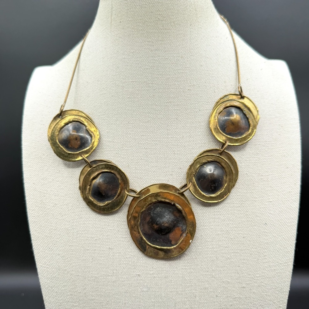 Gold Tone Black Brown Dome Bib Necklace Chunky Statement Boho Brutalist Artisan